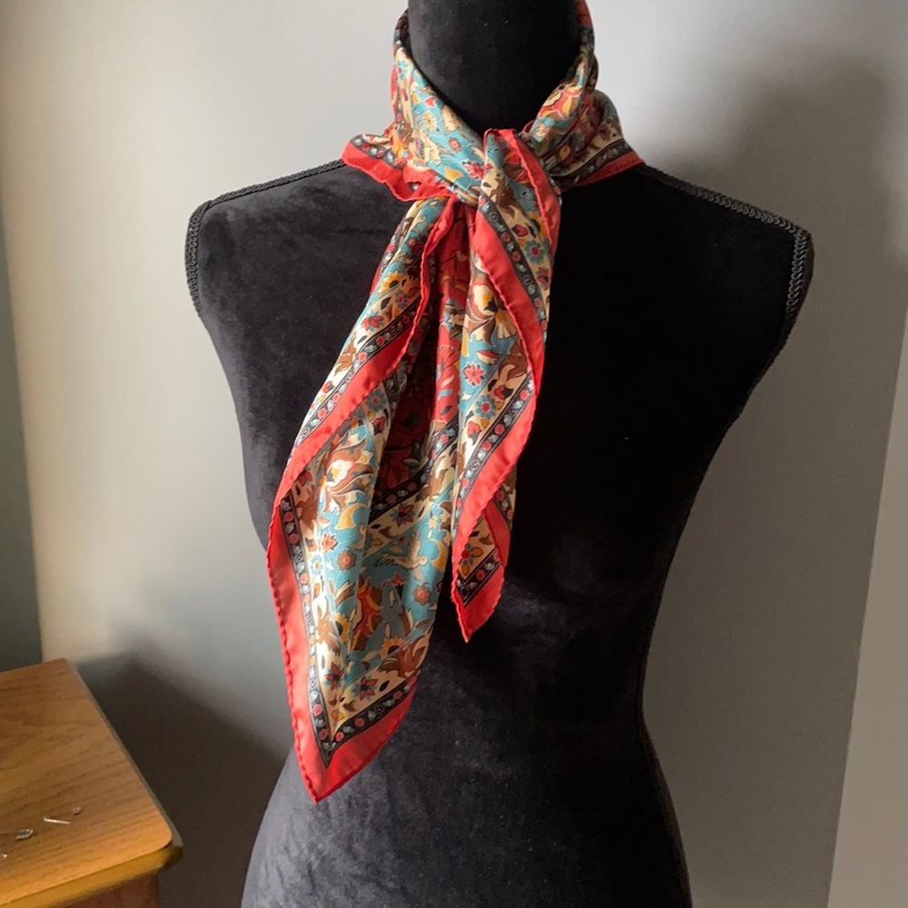 Silk Salmon, Teal, and Brown Silk Square Skarf